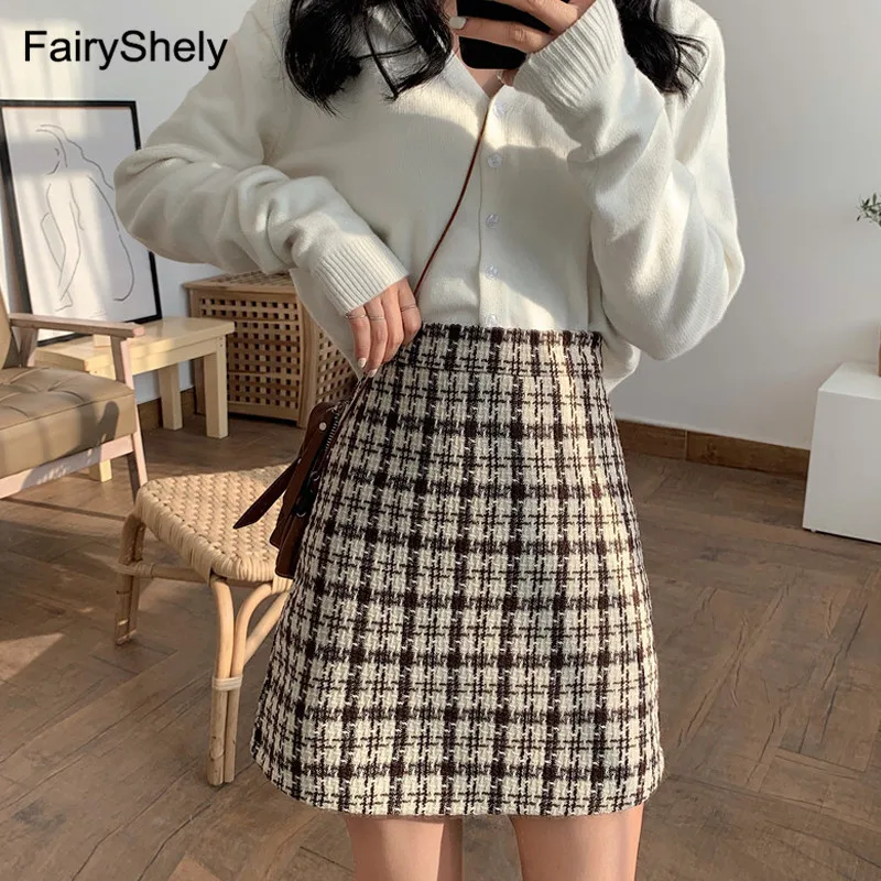 FairyShely, осенне-зимняя клетчатая короткая юбка с высокой талией, Женская шерстяная офисная юбка-карандаш, Женская рабочая твидовая мини-юбка для девушек