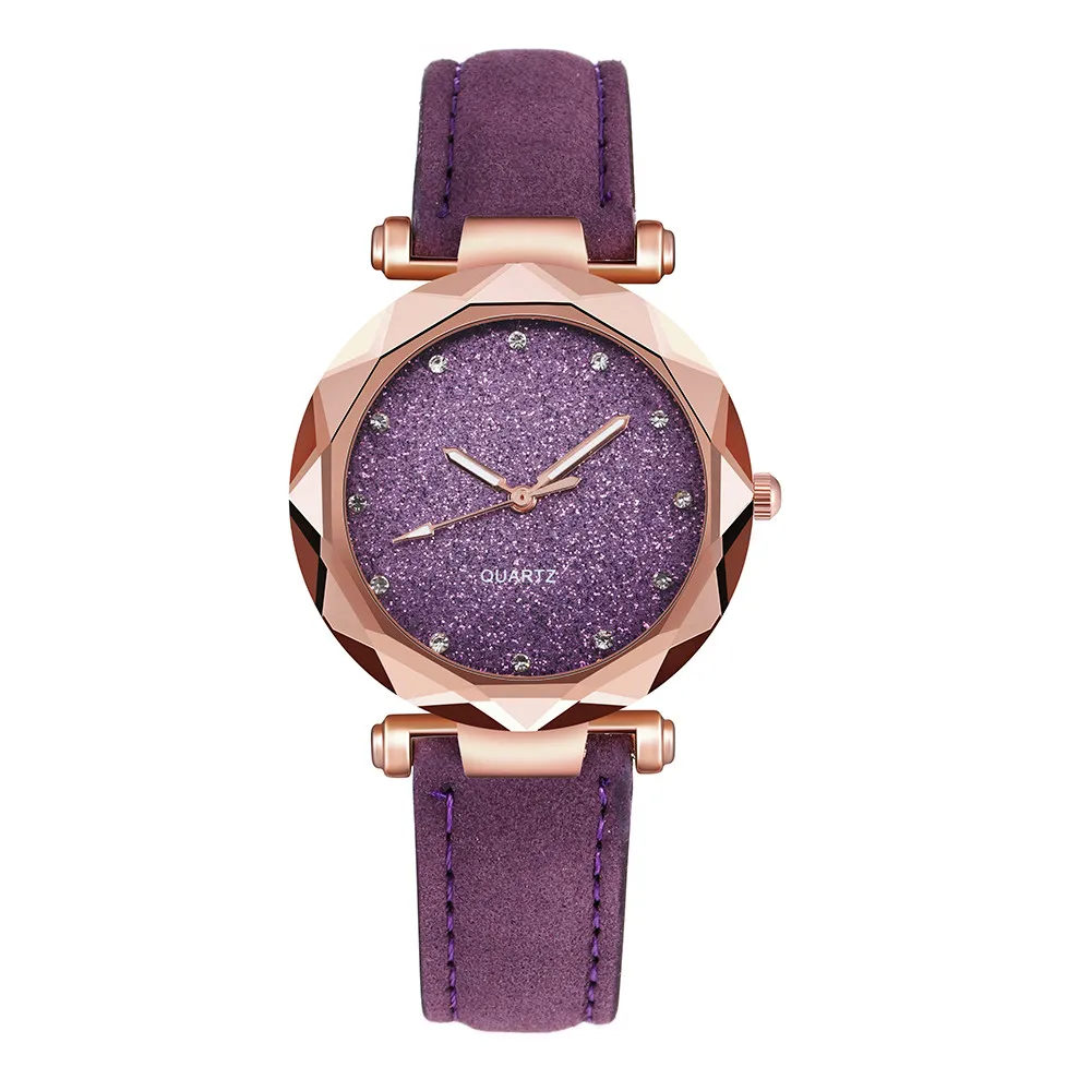 40^ Повседневные Женские Романтические наручные часы Звездное небо с кожаным ремешком со стразами, дизайнерские простые женские часы Montre Femme - Color: Purple