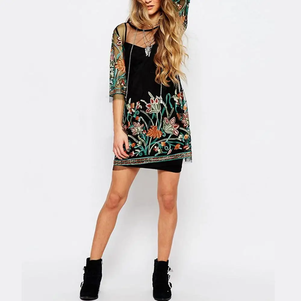 Женское Сетчатое платье с цветочной вышивкой Romacci Летнее мини на бретельках из