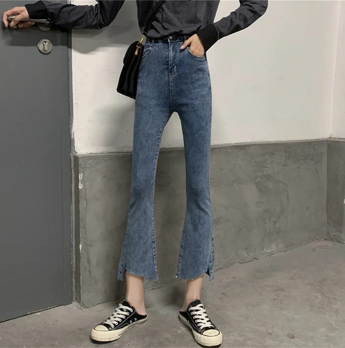 Autumn new large size high waist irregular jeans micro bell pants women thin nine pants jeans mujer
