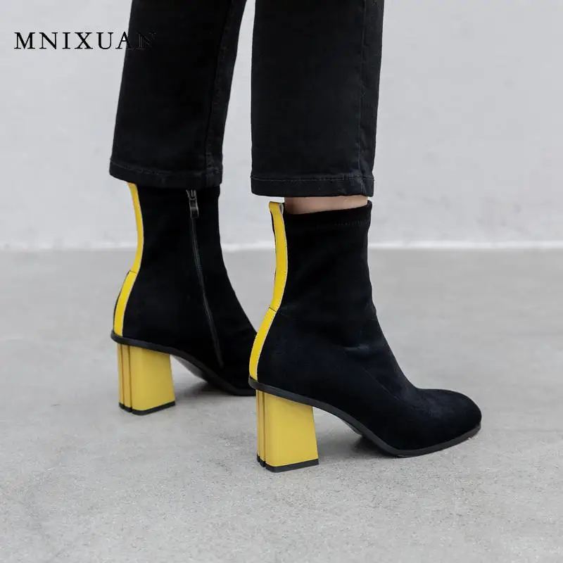

MNIXUAN Fashion Boots Sock Shoes Women 2019 Spring Autumn Square High Heels Ankle Boots block high heel yellow boots size 34-43