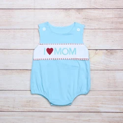 Barboteuse d'été bleue sans manches avec motif brodé I Love Mom pour garçon et enfant en bas âge 