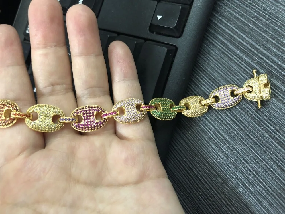 Мужской Iced Out хип хоп серебряный золотой тон инкрустированный цирконами Puffed морской звено цепи браслет 13 мм 8 дюймов разноцветный кубический цирконий