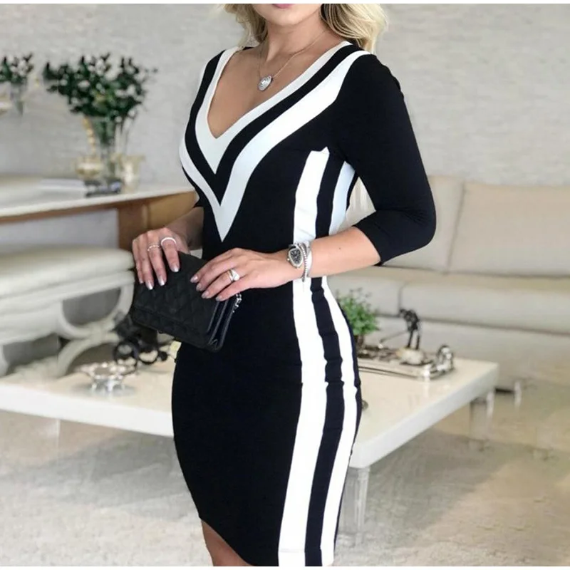 Ladies Clothing New Winter Fashion Commuter Office All-Match Elastic Sexy V-Neck Classic Plaid Contrast Color Slim Dress evening dresses