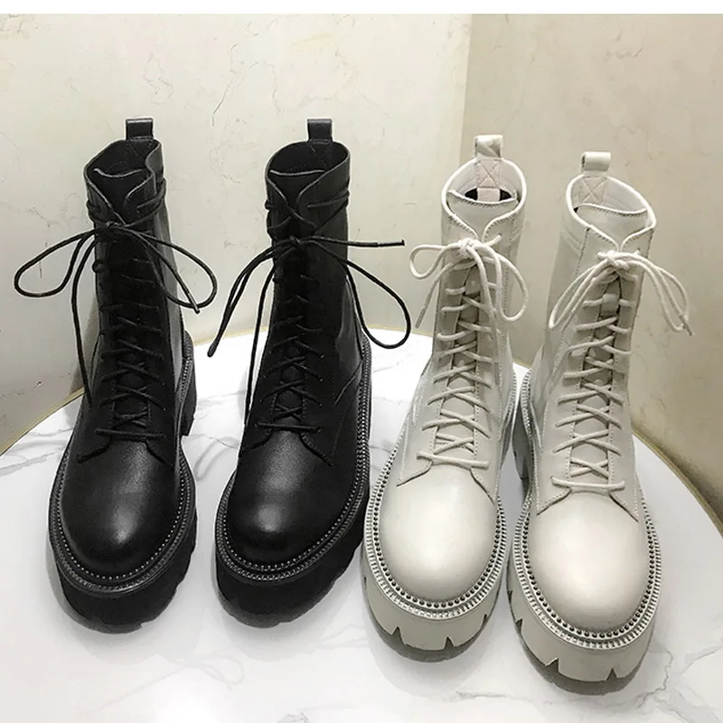 White Leather Platform Motorcycle Boots Round Toe Lace Up European Street Fashion Shoes Women Ankle Boots Black Size 42