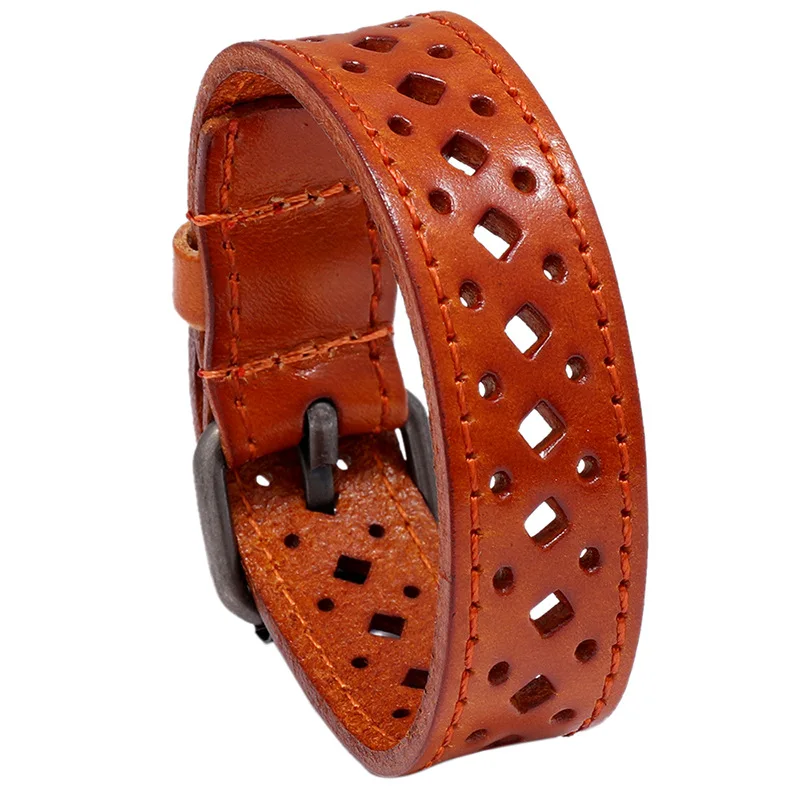 Jewelry Wide Wristband Design Retro Hollow Genuine Leather Bracelet leather bracelet