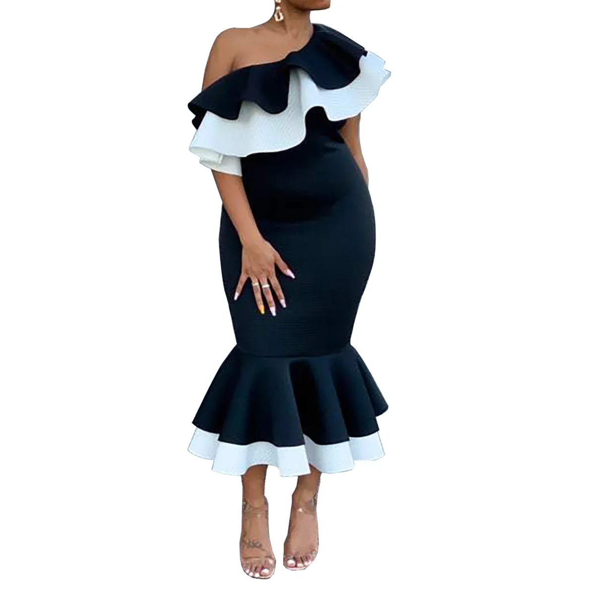 Bodycon Black Dresses For Women 2021 Midi Vestidos Slim Ruffled Prom Evening Party Dress African Ladies Wear High Quality