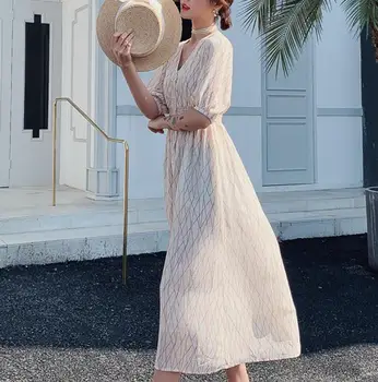 

Summer New French High Waist Fairy Geometry Chiffon Long Dress Street Style A-line Casual Print V-neck Vestidos Dresses