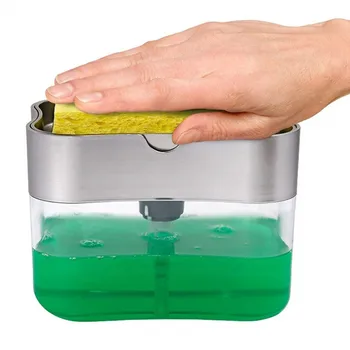 

Manual Press Soap Pump Dispenser with Sponge Holder Cleaning Liquid Dispenser Container Soap Organizer Kitchen Cleaner Tool