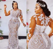 

Plus Size Arabic Lace Mermaid Wedding Dresses Sheer Neck Full Sleeves Illusion Bridal Gown Aso Ebi Vestido De Novia Mariage