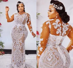 Plus Size Arabic Lace Mermaid Wedding Dresses Sheer Neck Full Sleeves Illusion Bridal Gown Aso Ebi Vestido De Novia Mariage