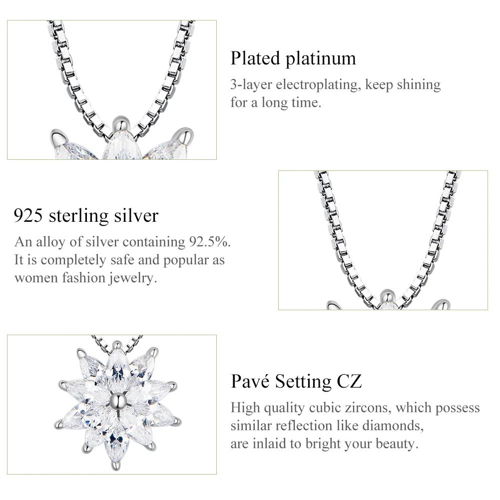 VOROCO Genuine 925 Sterling Silver Dazzling Snowflake Pendant Necklace Women Clear CZ Box Chain Collar Wedding Jewelry BNN140