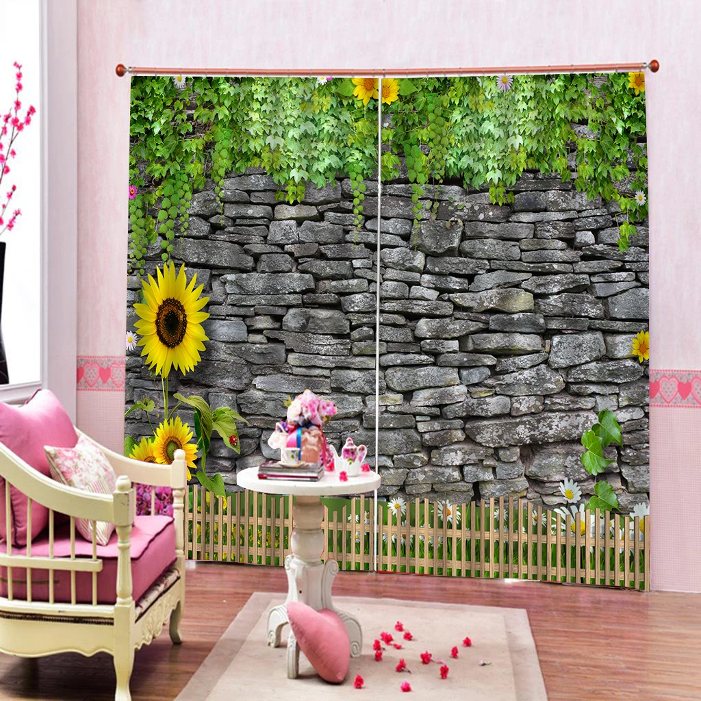 Пользовательские 3D занавески деревенские цветы с зелеными листьями на каменной