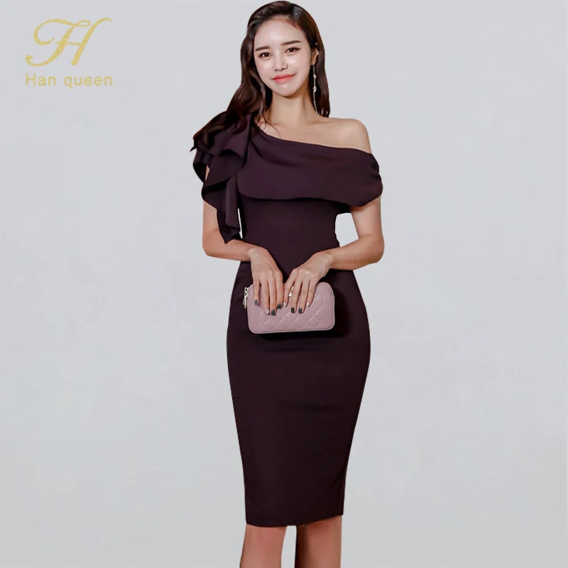 H Han queen/женские платья-карандаш, элегантные, сексуальные, тонкие, на одно плечо, с рюшами, вечерние, облегающие, Vestido, корейское, OL, облегающее платье