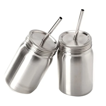 

2 Piece Set of Single and Double Layer Stainless Steel Mason Jar with Straw Mason Bottle Mason Cup