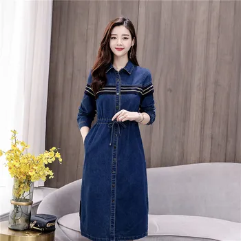 

Plus size Long-sleeve Blue Denim Dress Women 2020 Spring New Korean Elegant Single-breasted Dress Ladies Office Dresses Vestidos