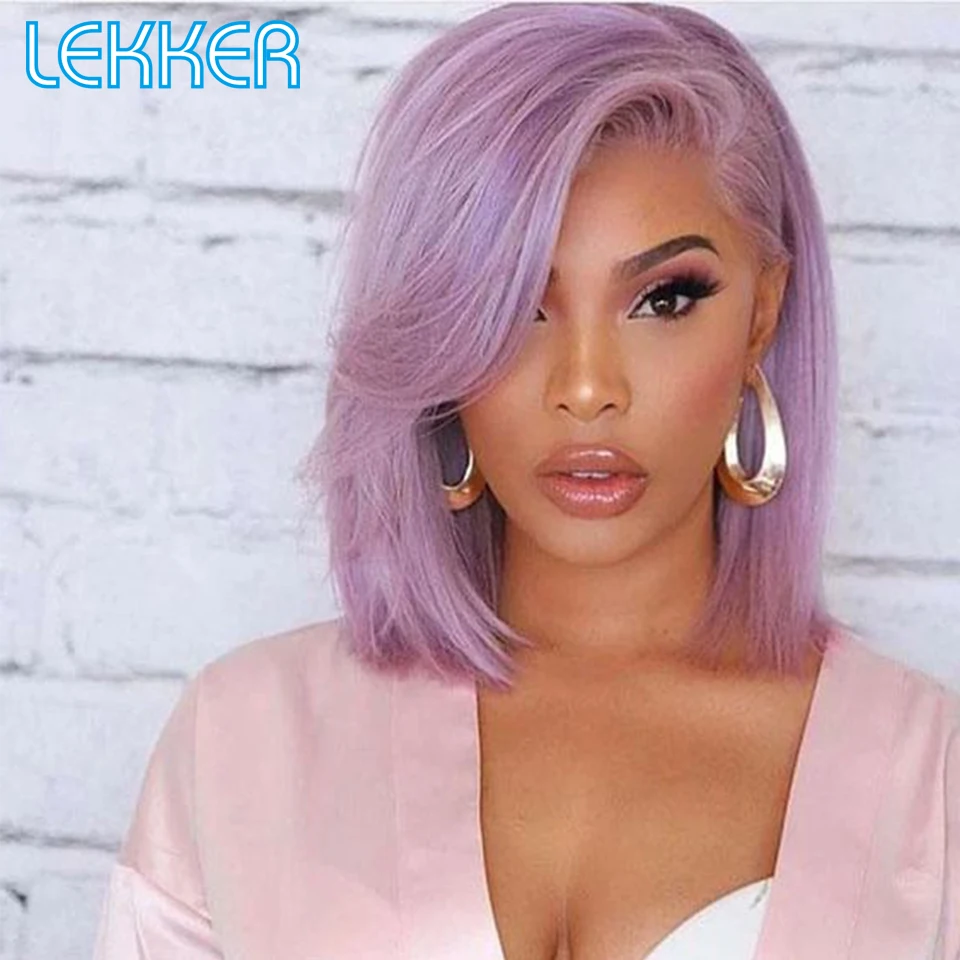 Lekker Short Straight T Part Lace Front Bob Human Hair Wig With Bangs For Women Natural Dark Glueless Brazilian Remy Colored Wig