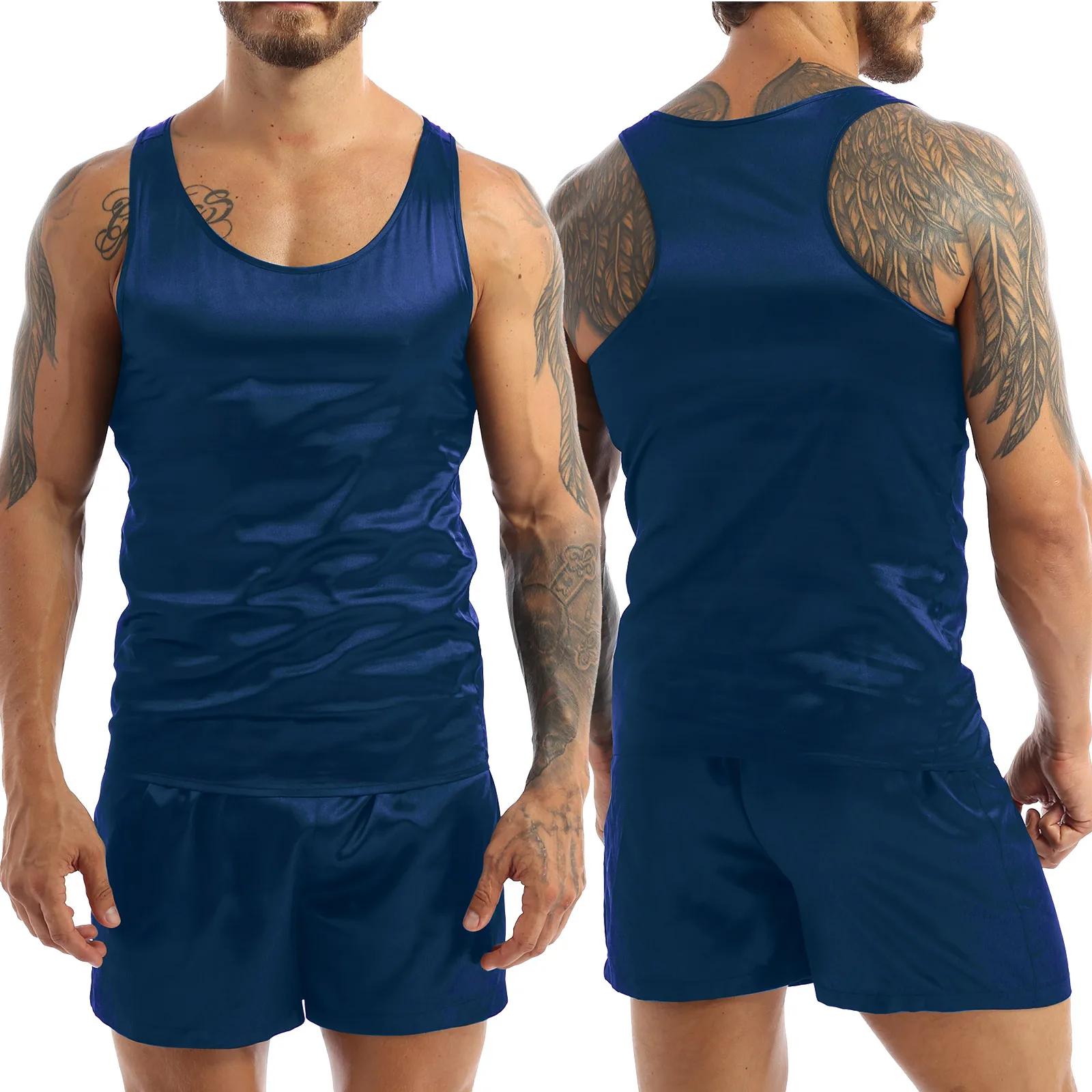 Mens Satin Pajamas Nightwear Sleeveless Tank Top Shorts Sleepwear Nightclothes Summer Nightgown Loungewear for Underwear Sets mens pjs set Men's Sleep & Lounge