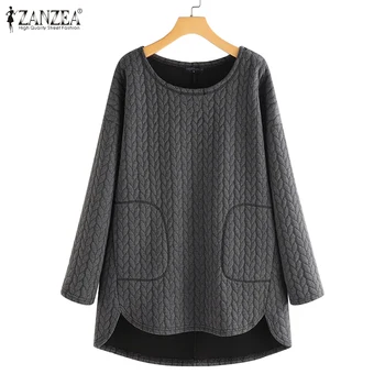 

ZANZEA Women's Blouse 2020 Vintage Solid Long Sleeve Shirt Casual Loose Knitted Pull Femme O Neck Tunic Blusas Chemise Plus Size