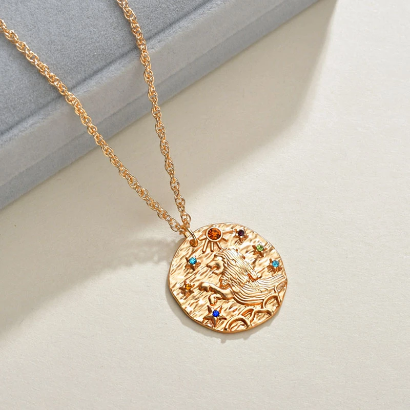 

12 Constellation Necklace Jewelry Gold Color Zodiac Sign Coin Disk Round Pendant Zodiac Necklace For Men Women Gift Dropship