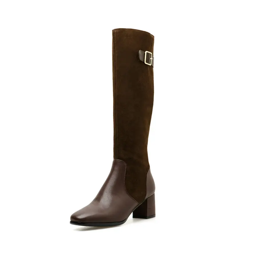 ESVEVA Shoes Women Knee-high Boots Square Med Heel PU+Leather Boots Fashion Platform Round Toe Motorcycle Boots Size 34-39 - Цвет: Коричневый