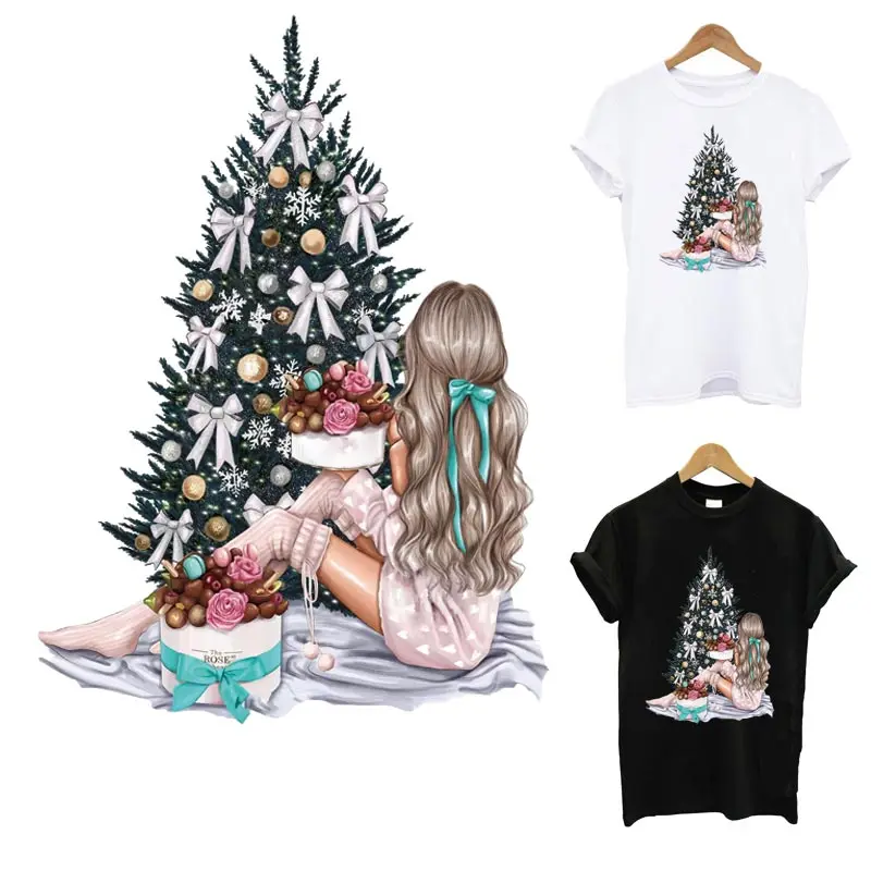 

Christmas Tree& Sweet Girl Patches Iron On Transfers For Clothing DIY A-level Washable Thermal Patches Clothing Decoration