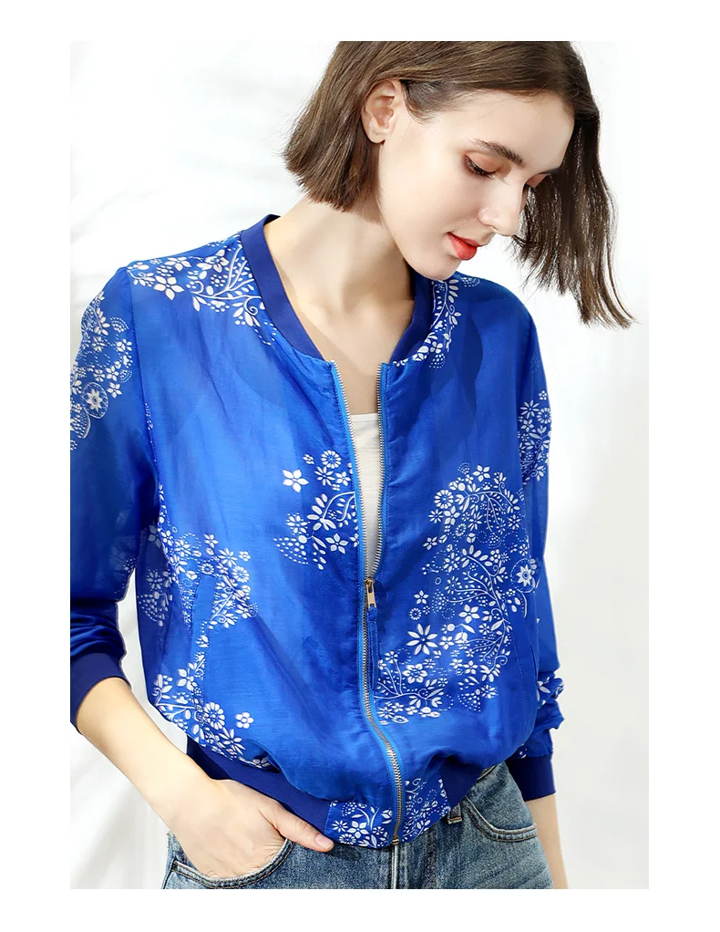 SuyaDream/синие повседневные куртки с цветочным принтом, застежка-молния, женская короткая куртка, 25% Шелк, 75% хлопок,, осенняя рубашка