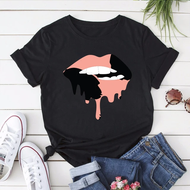 Summer Fashion Shirt Lips Leopard Graphic T Shirt Women Harajuku Tops  O-neck 4 colors Tee Kiss Lip Funny Girls  T-shirt Lips 7 Black