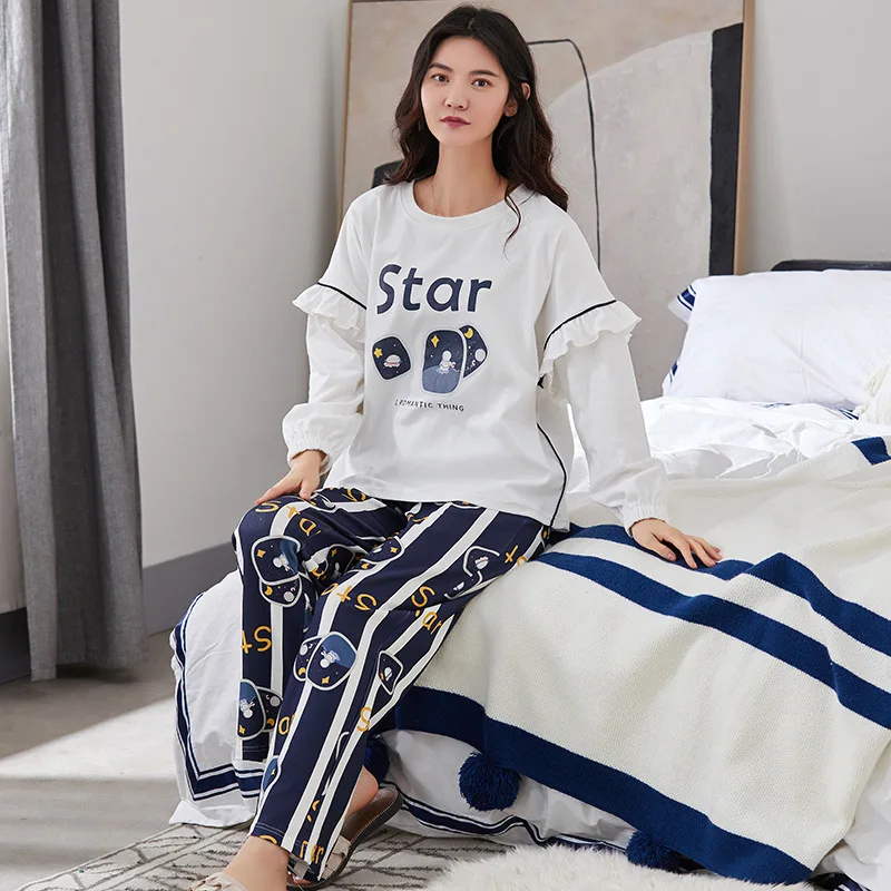 

Pure Cotton Pajamas Women Autumn Long-sleeved Trousers Home Service Two-piece Suit Fresh and Sweet Cute Girl Plus Size Pajamas