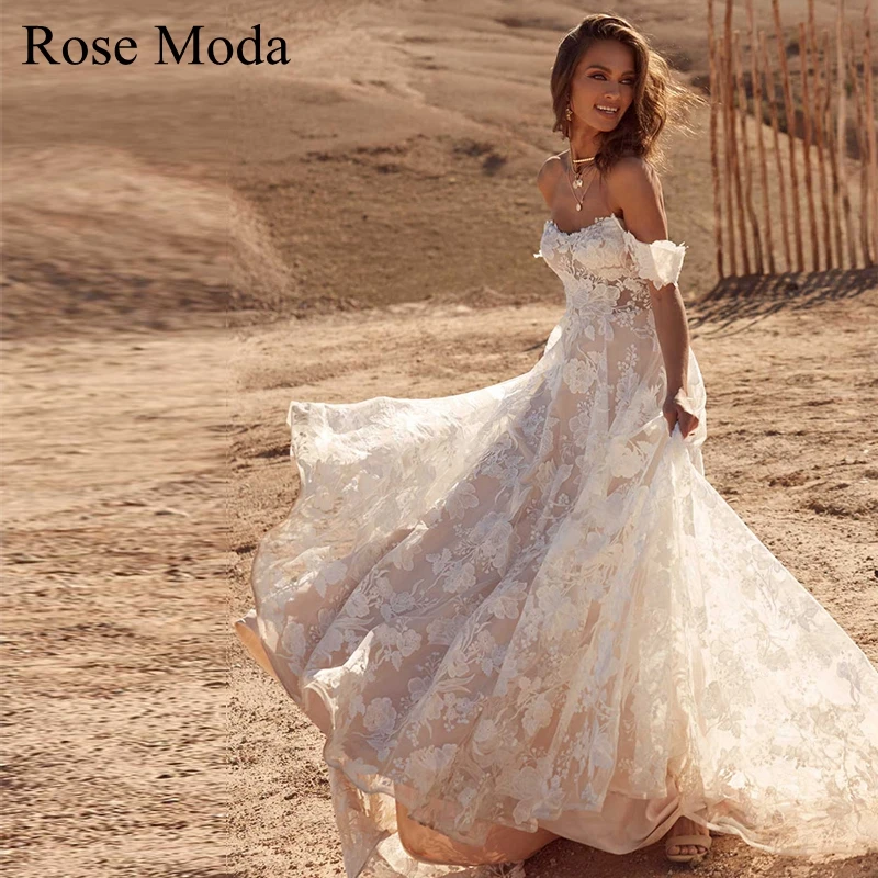 

Rose Moda Off Shoulder Cap Sleeves Ivory and Blush Pink Lace Wedding Dress Custom Make