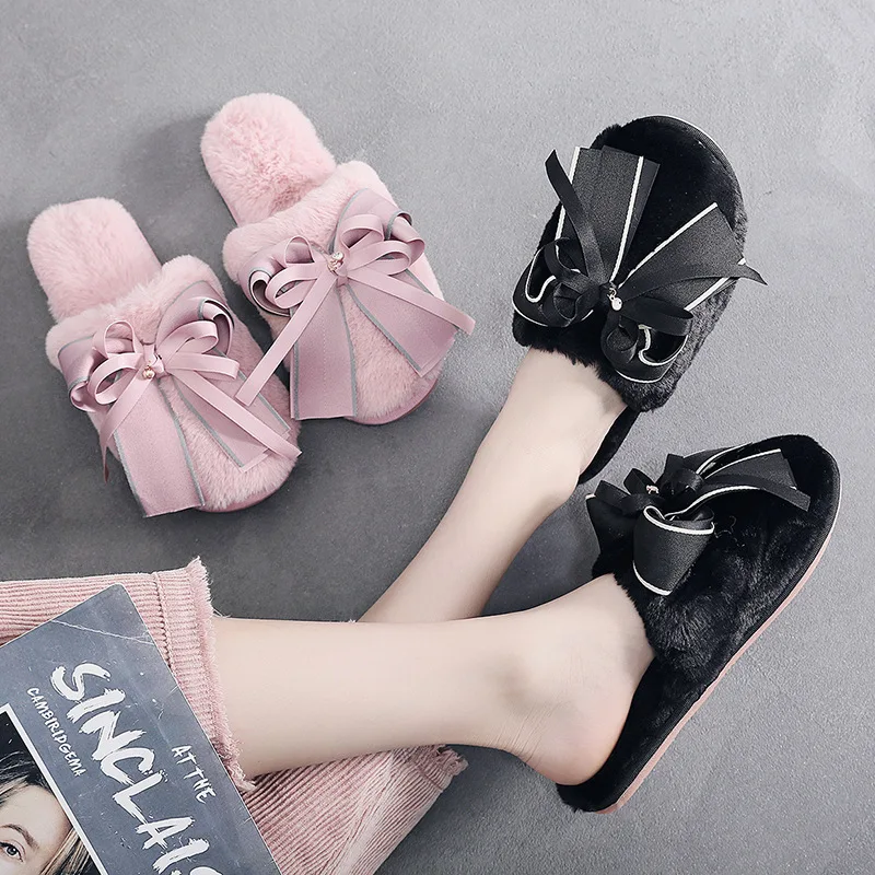 

South Korea New Style Bow Plush Thick Warm Shoes Autumn & Winter Women's Household Flat-Outer Wear Anti-slip Cotton Slippers