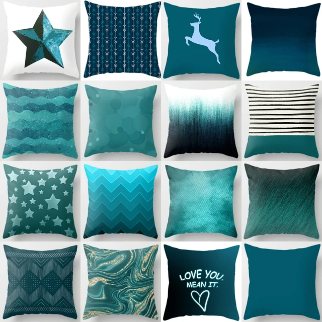 Teal Blue Geometric Throw Pillow Cover, Large, Quilted