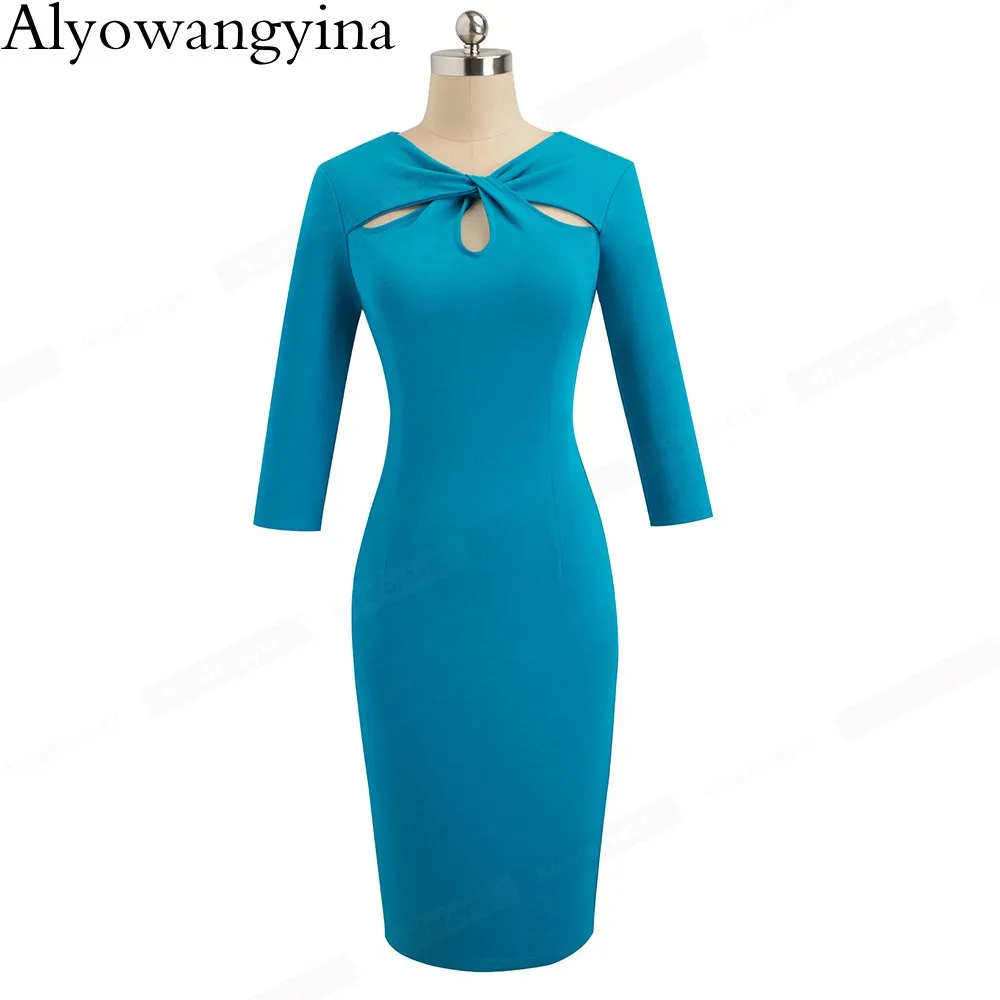 Alyowangyina, винтажное, женское, элегантное, однотонное, однотонное, выдалбливают, Vestidos, бизнес, вечерние, бодикон, для офиса, для женщин, платье, B485
