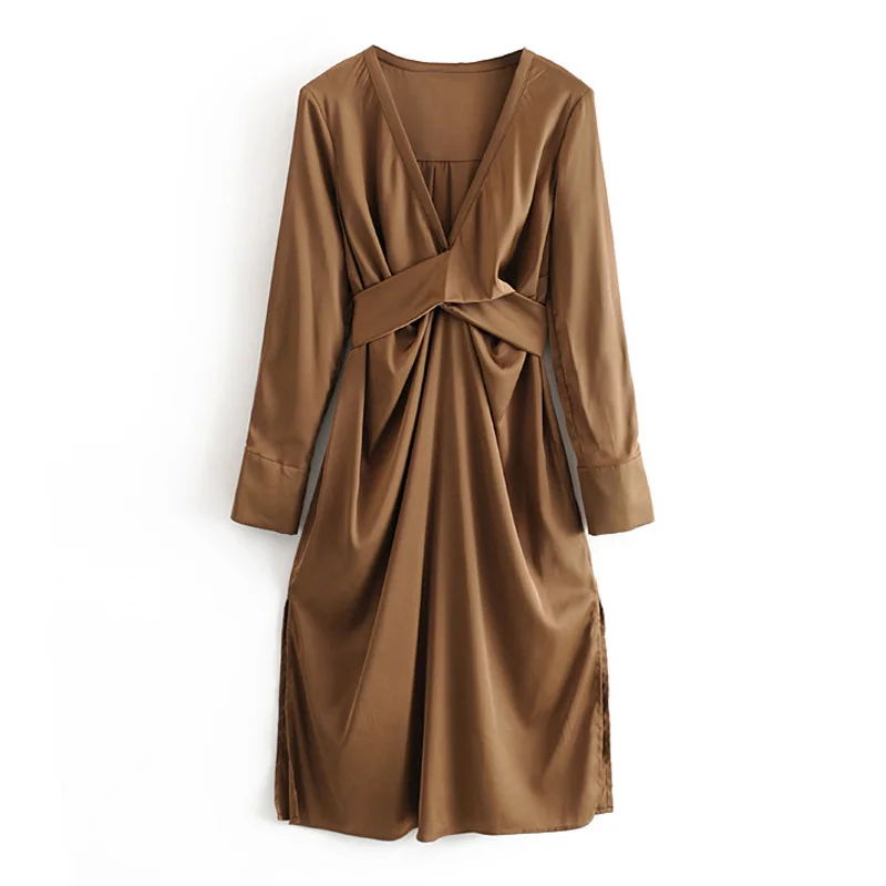 

RR Casual V Neck Dresses Women Fashion Solid Bow Silk Dress Women Elegant Asymmetrical Long Sleeve Mini Dresses Female Ladies LQ