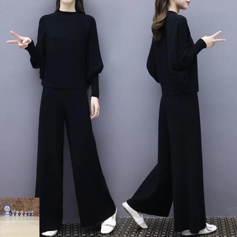 

Europeanstationspring autumn newKorean version of the loose large size two-piece bat sleeve knit wide leg pants suit female tide
