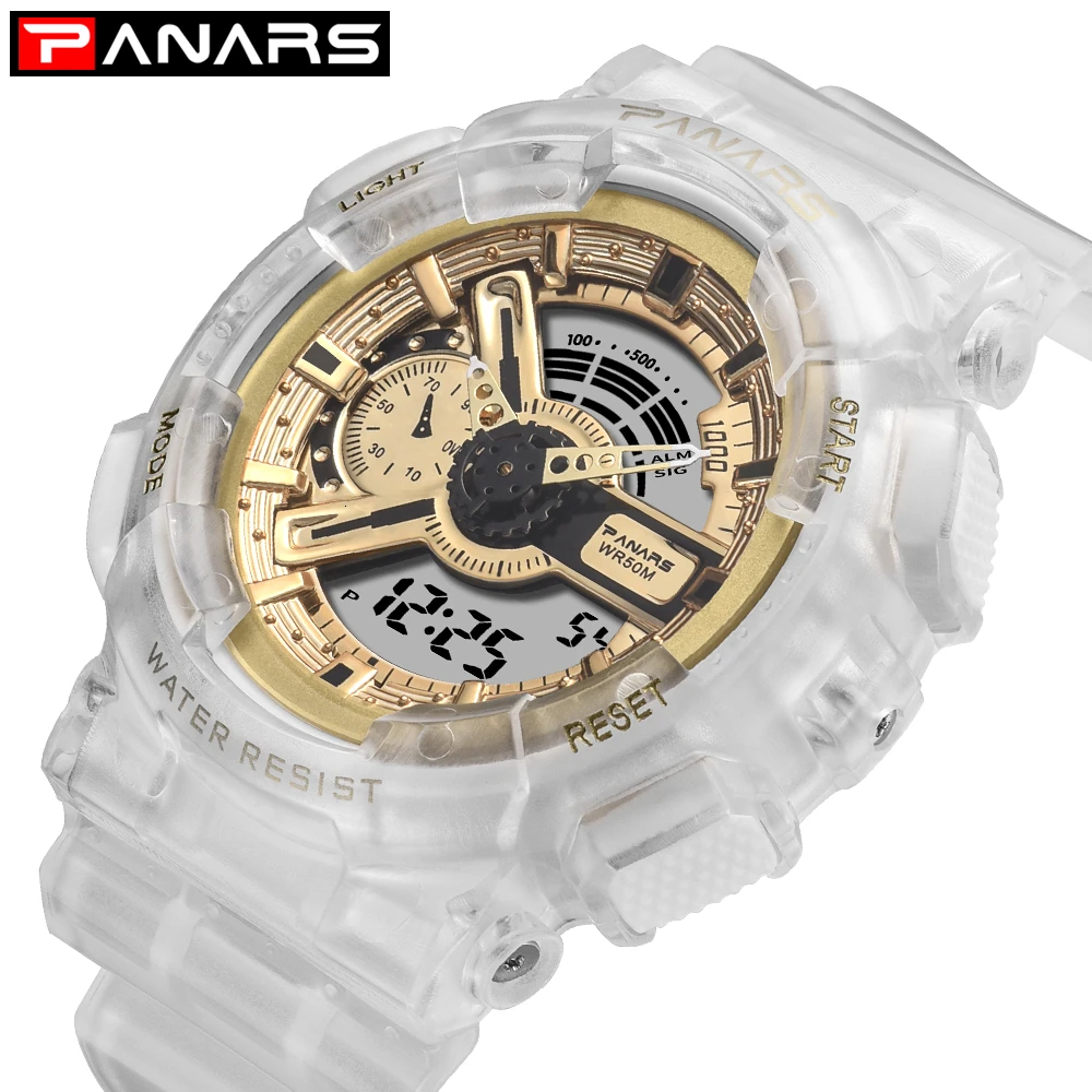 

PANARS Transparent Digital Watch Men Waterproof Student LED Watch Sport Double Display White Wristwatch Mens Fashion Watch Women