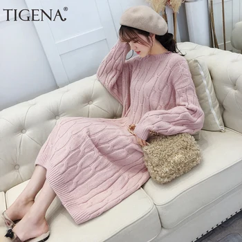 

TIGENA Knit Midi Long Sweater Dress Women 2020 Fall Winter Korean Knee Length Loose Pullover Jumper Female Warm Knitwear Clothes