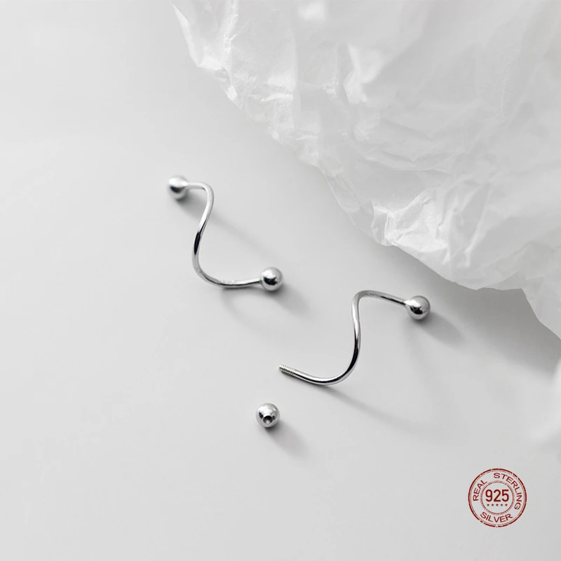 LKO 925 Sterling Silver Round Bead Ear Bone Ear Buckle Rotating Wave Mini Stud Earrings for Women Personality Jewelrry Ornaments
