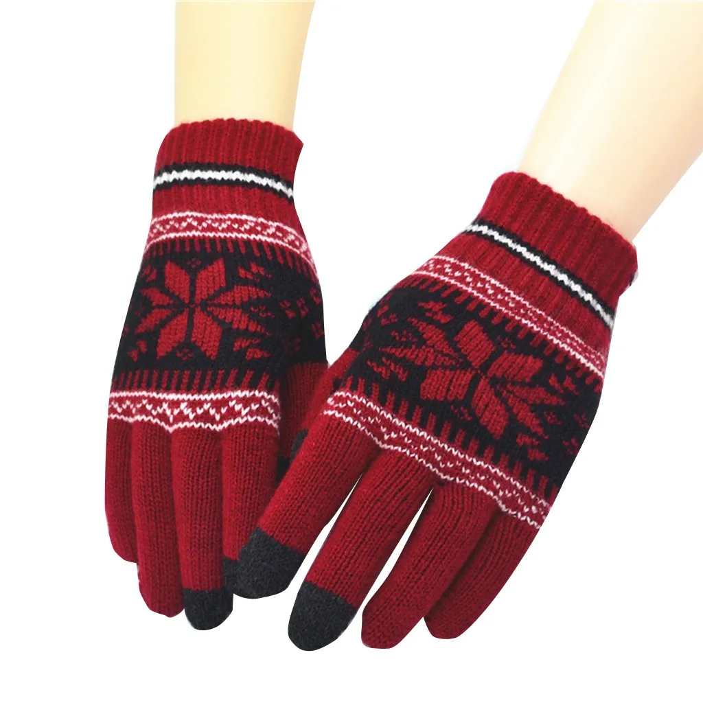 Женские зимние перчатки, вязаные шерстяные, для женщин и девушек, снежинка, зимние, сохраняющие тепло, варежки, перчатки, варежки#4 - Цвет: Red
