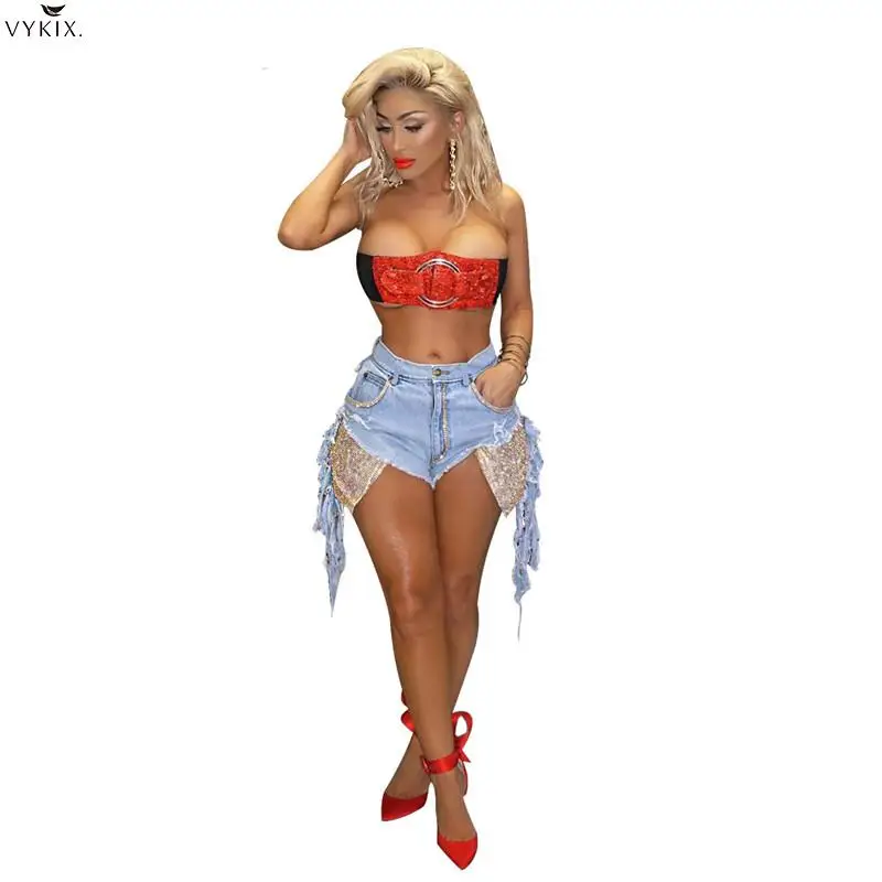 

Womens Clothing Sequins Pockets Diamonds Jeans Shorts Size Holes Tassel Washed Denim Shorts Sexy Trousers Clubwear Women Pants