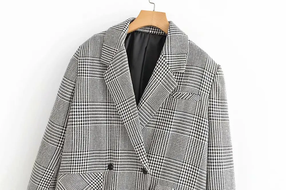 Plaid double breasted ladies blazer Long sleeve casual office ladies blazer coat Button streetwear women blazers jacket