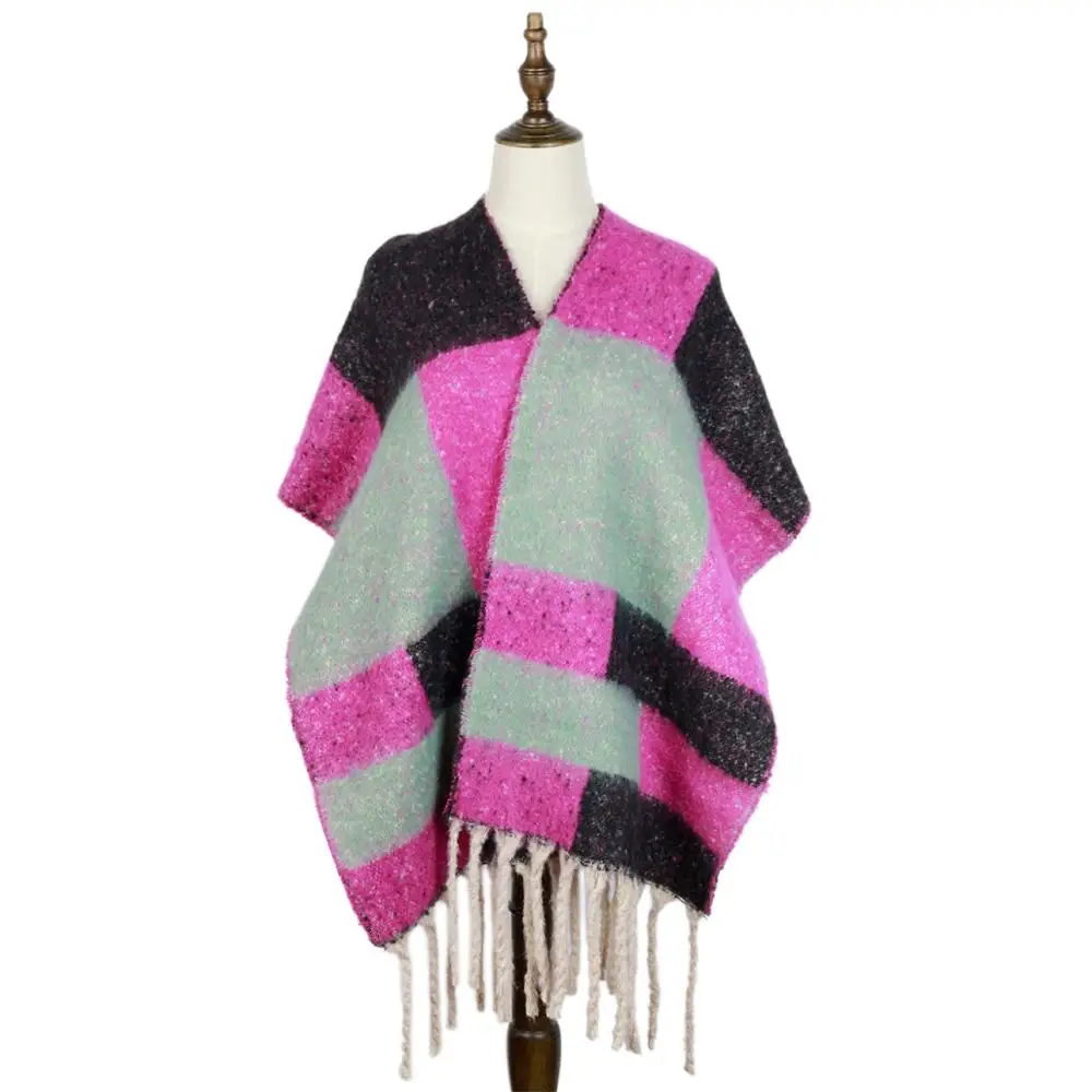 Зимняя шаль из пряжи с петлей Женские клетчатые палантины длинные кисточки