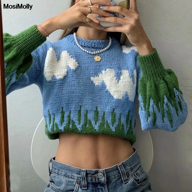 MosiMolly Autumn Winter Jacquard Sweater Jumper Pullovers Women Happy Crewneck sky clouds Knitted | Женская одежда