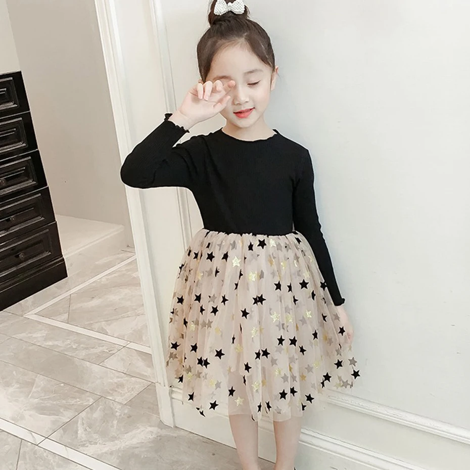 Платья для девочек платье принцессы из лоскутов с принтами звездочек, сетчатые вечерние платье для девочек Демисезонная Одежда для девочек 8 10 12 14 лет