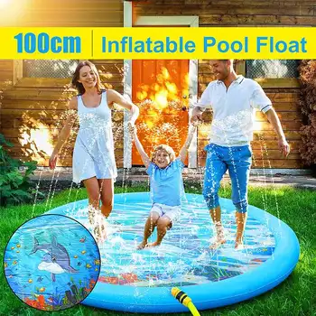 

100cm Summer Kids Inflatable Round Water Splash Play Pool Playing Sprinkler Mat Yard Outdoor Fun Multicolour PVC Material