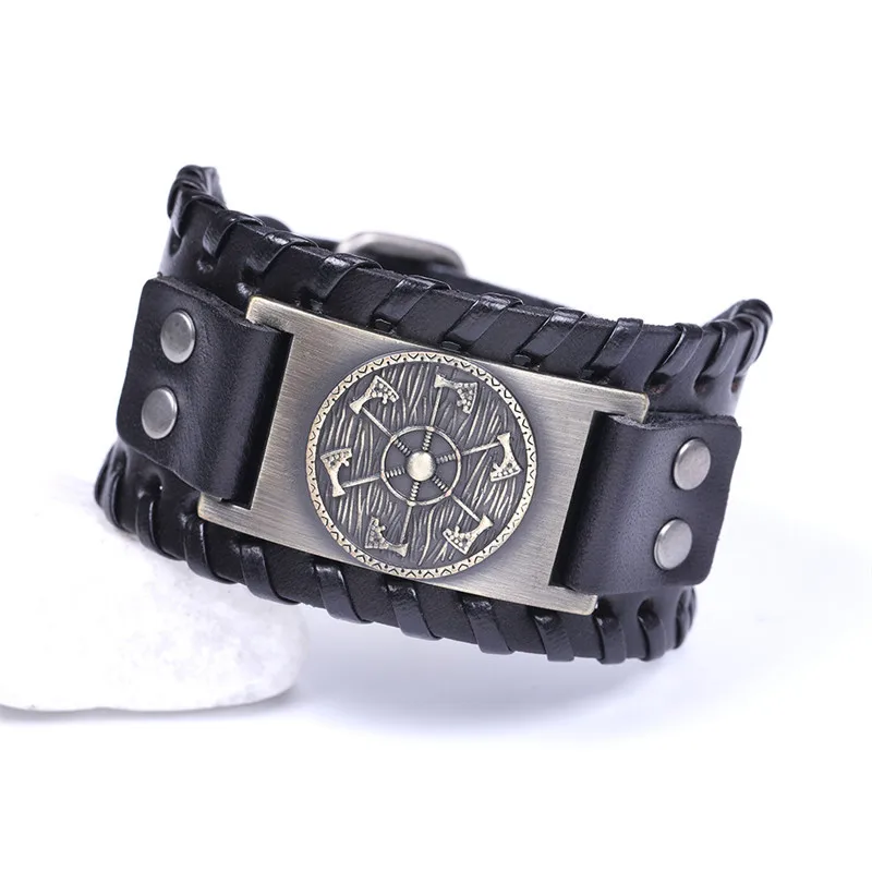 wide black-bronze Skyrim Викинг подвеска в виде топора широкий кожаный браслет браслеты скандинавские мифологические скандинавские славянские амулет Коловрат Wicca Pulseira ювелирные изделия - Окраска металла: wide black-bronze