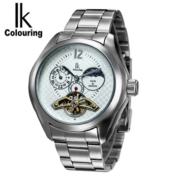 

IK colored men's tourbillon watch stainless steel strap automatic mechanical watch moon phase male clock waterproof see-through
