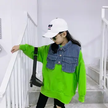 

2020 spring autumn new Sweater + denim shawl 2pcs sets for children kids outerwear girls hooded tops 3-12Y ws1380