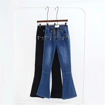 

Autumn and winter new street fashion high elastic tied rope horn jeans women, solid color Slim zipper jeans women
