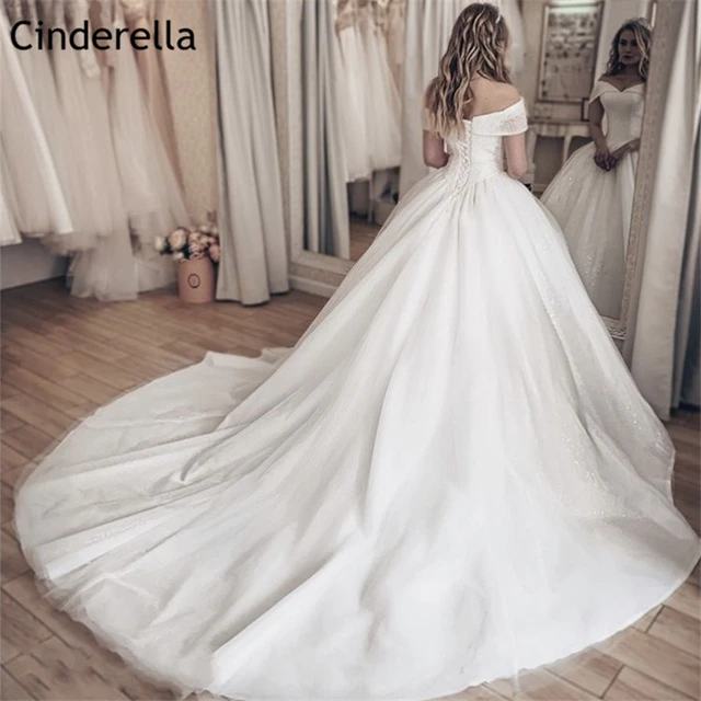 Cinderela-vestido de noiva com apliques para costas, gola em v, ombro  vazado, renda, cristal, frisado, cetim, baile, vestidos de casamento -  AliExpress